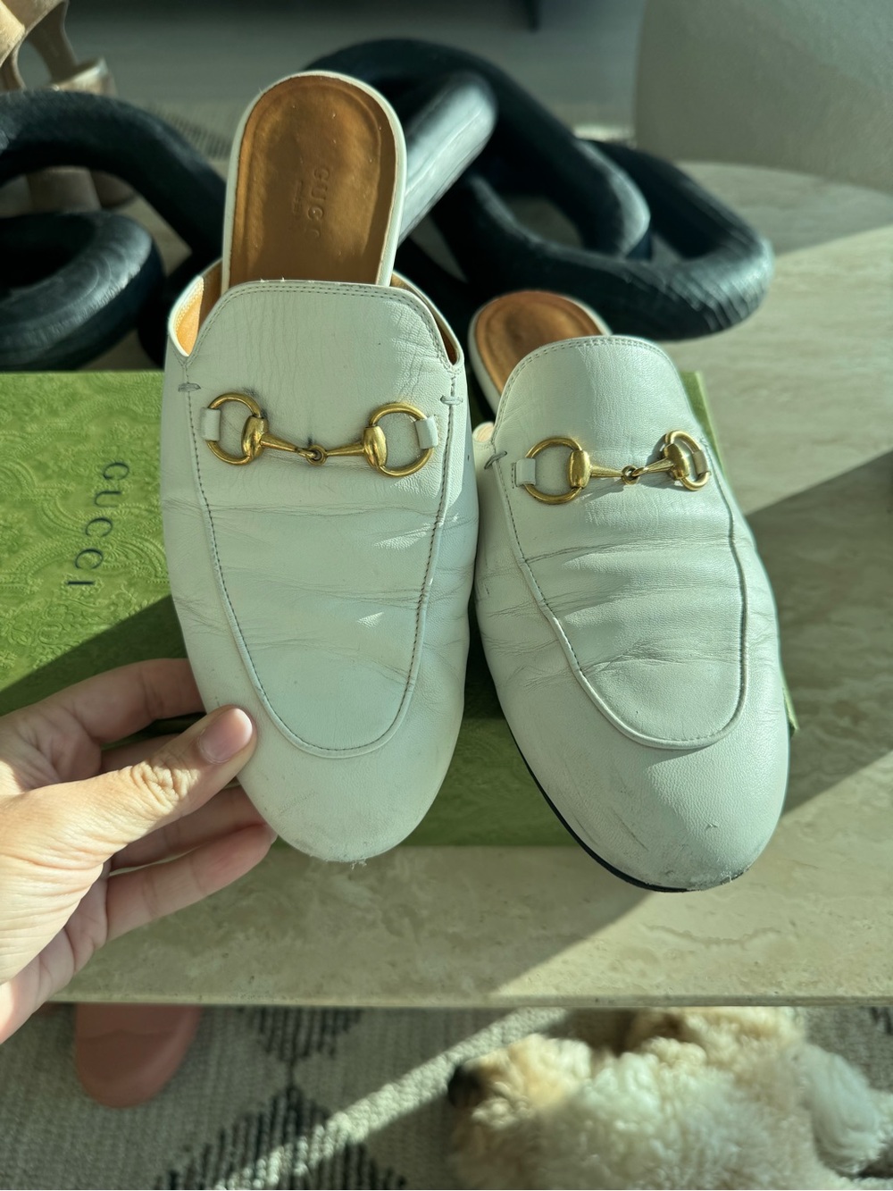 Gucci White Leather Horsebit Mules with Gold Hardware